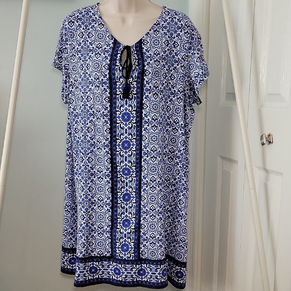Lands' End Blue and White Geometric Print Shift Dress Size XL